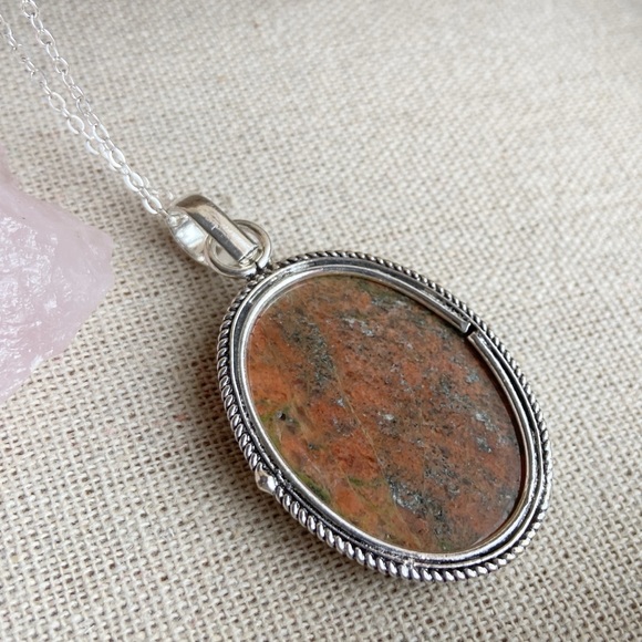 Huge Unakite oval silver Victorian pendant necklace - Picture 2 of 5